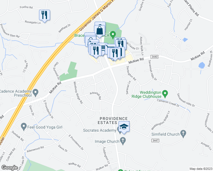 map of restaurants, bars, coffee shops, grocery stores, and more near 2105 McKenzie Creek Drive in Charlotte