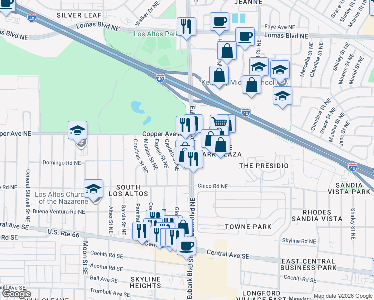 map of restaurants, bars, coffee shops, grocery stores, and more near 421 Eubank Boulevard Northeast in Albuquerque