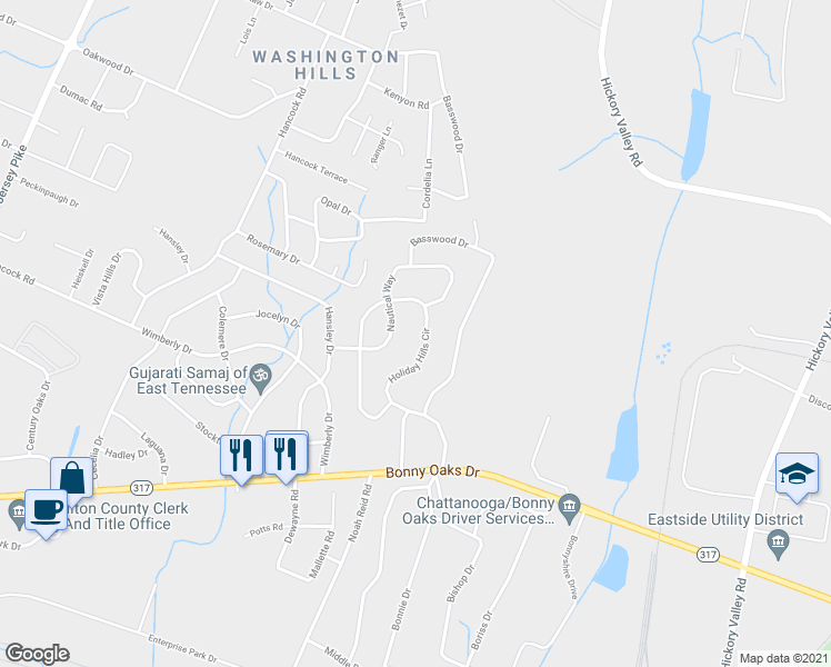 map of restaurants, bars, coffee shops, grocery stores, and more near 7808 Holiday Hills Circle in Chattanooga