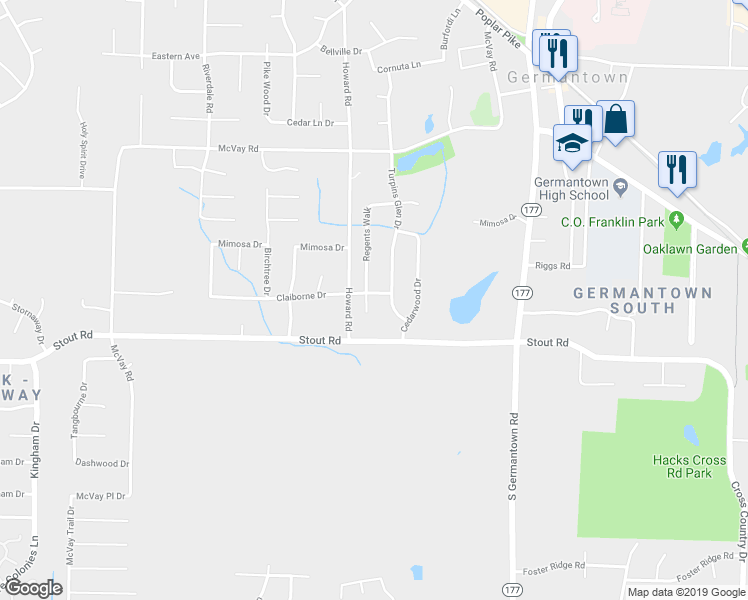 map of restaurants, bars, coffee shops, grocery stores, and more near 2564 Regents Walk in Germantown
