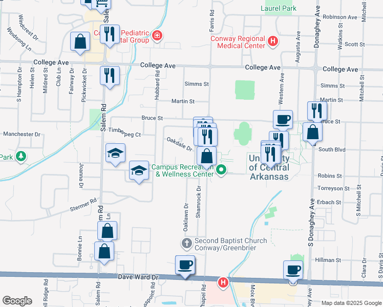 map of restaurants, bars, coffee shops, grocery stores, and more near 1 Oakdale Drive in Conway