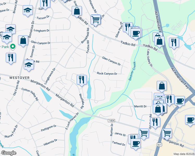 map of restaurants, bars, coffee shops, grocery stores, and more near 251 Waterdown Drive in Fayetteville