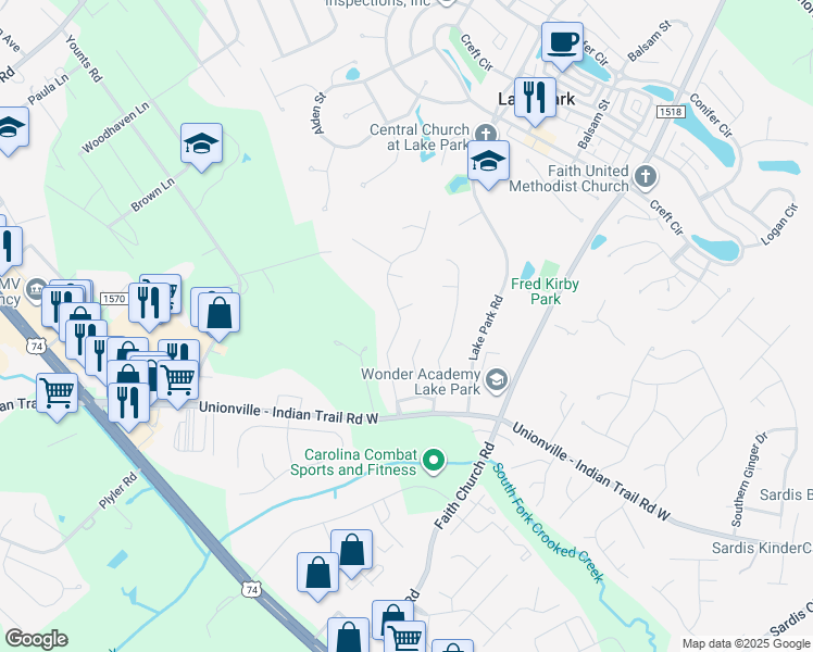 map of restaurants, bars, coffee shops, grocery stores, and more near 3412 Brookstone Trail in Indian Trail