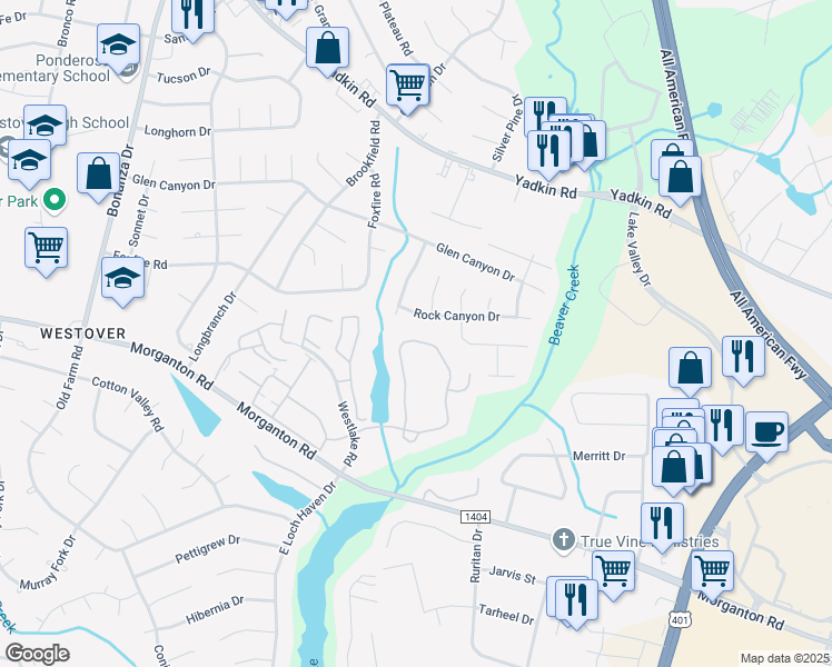 map of restaurants, bars, coffee shops, grocery stores, and more near 241 Waterdown Drive in Fayetteville