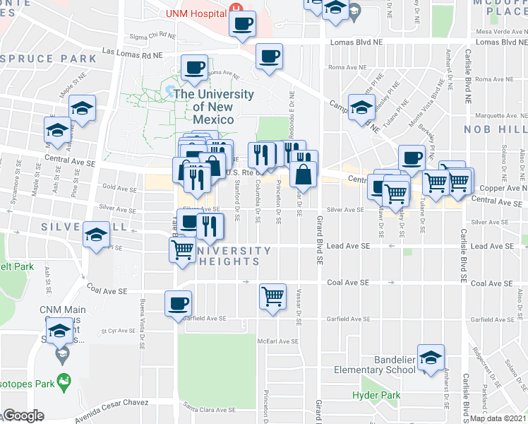 map of restaurants, bars, coffee shops, grocery stores, and more near 202 Columbia Drive Southeast in Albuquerque