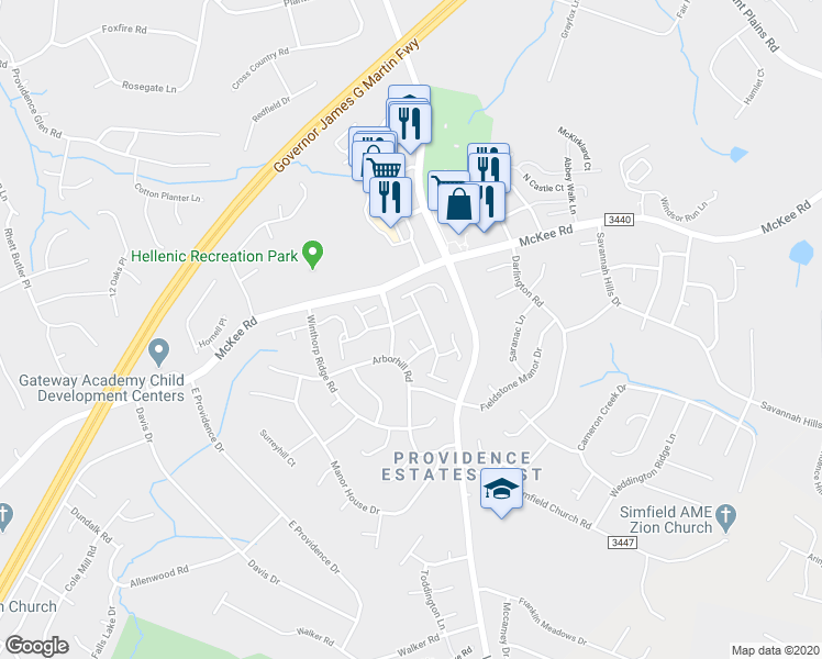 map of restaurants, bars, coffee shops, grocery stores, and more near 2007 Chinabrook Court in Charlotte