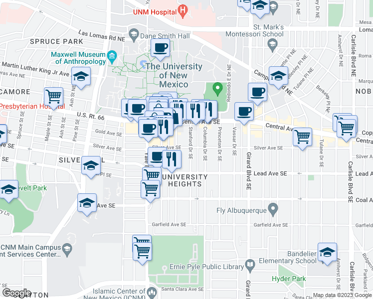map of restaurants, bars, coffee shops, grocery stores, and more near 2410 Silver Avenue Southeast in Albuquerque