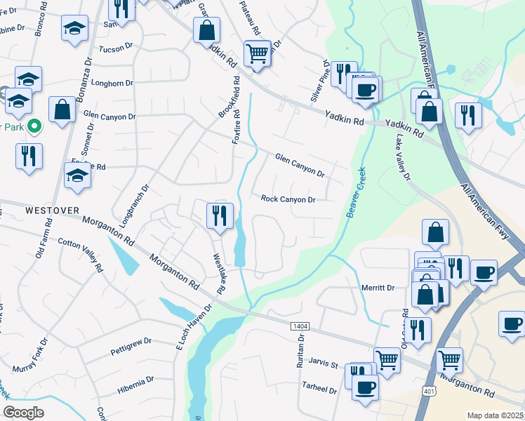 map of restaurants, bars, coffee shops, grocery stores, and more near 251 Waterdown Drive in Fayetteville