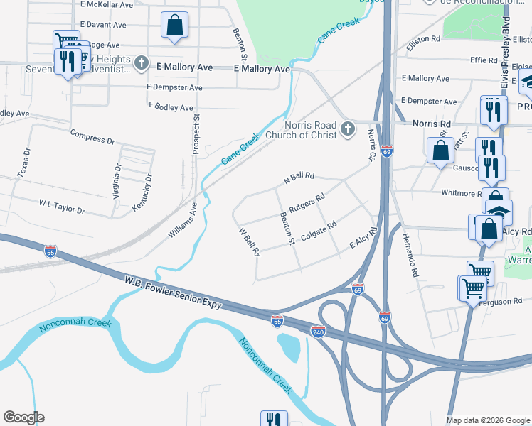 map of restaurants, bars, coffee shops, grocery stores, and more near 910 Rutgers Road in Memphis