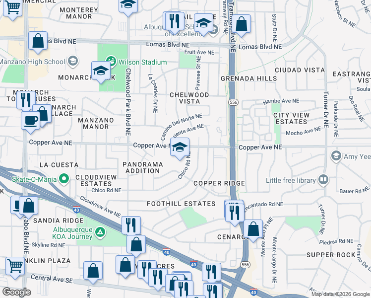 map of restaurants, bars, coffee shops, grocery stores, and more near 13417 Chico Rd NE in Albuquerque