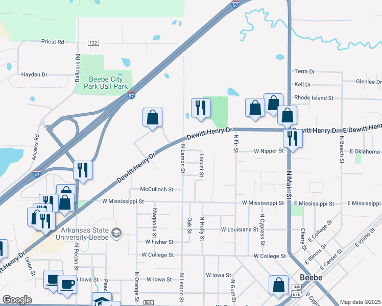 map of restaurants, bars, coffee shops, grocery stores, and more near 605 Pennsylvania Street in Beebe