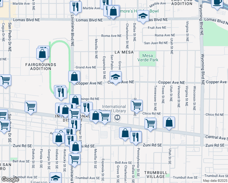 map of restaurants, bars, coffee shops, grocery stores, and more near 322 San Pablo Street Northeast in Albuquerque