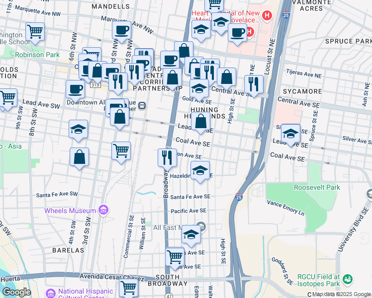 map of restaurants, bars, coffee shops, grocery stores, and more near 516 Arno Street Southeast in Albuquerque