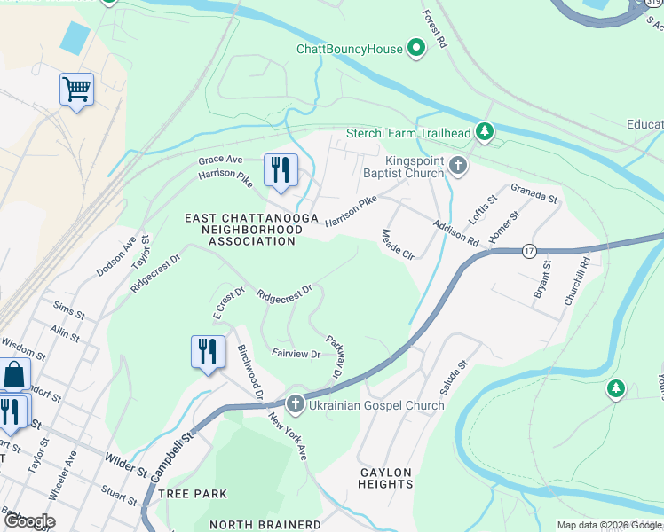 map of restaurants, bars, coffee shops, grocery stores, and more near 2815 Ridgecrest Drive in Chattanooga