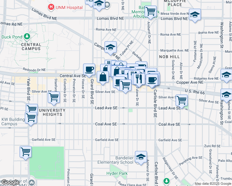 map of restaurants, bars, coffee shops, grocery stores, and more near 3110 Silver Avenue Southeast in Albuquerque