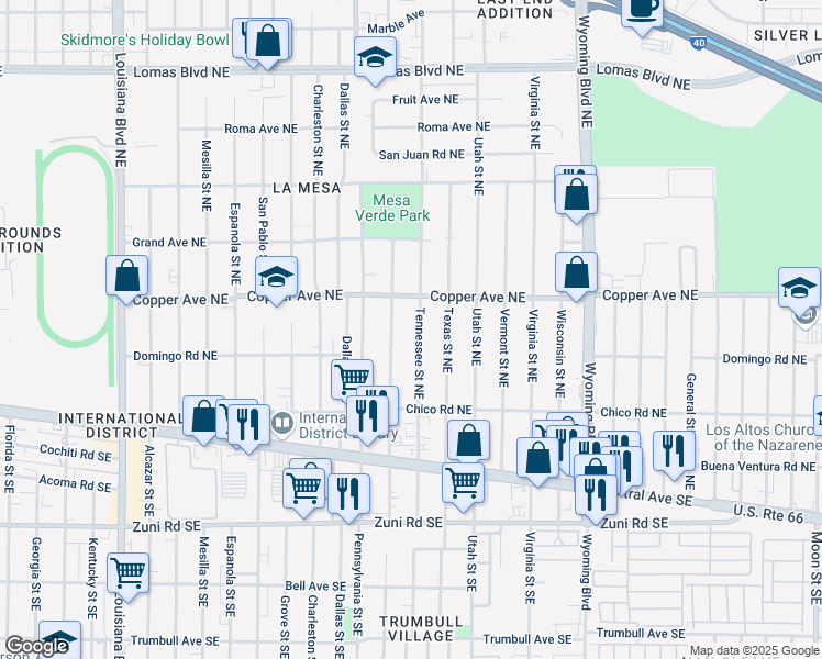 map of restaurants, bars, coffee shops, grocery stores, and more near 317 Tennessee Street Northeast in Albuquerque