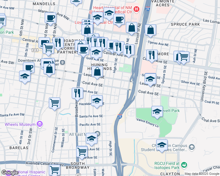 map of restaurants, bars, coffee shops, grocery stores, and more near 501 High Street Southeast in Albuquerque