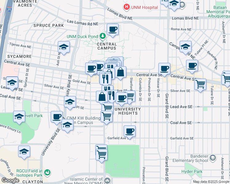 map of restaurants, bars, coffee shops, grocery stores, and more near 202 Harvard Drive Southeast in Albuquerque