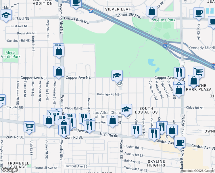 map of restaurants, bars, coffee shops, grocery stores, and more near 421 General Patch Street Northeast in Albuquerque