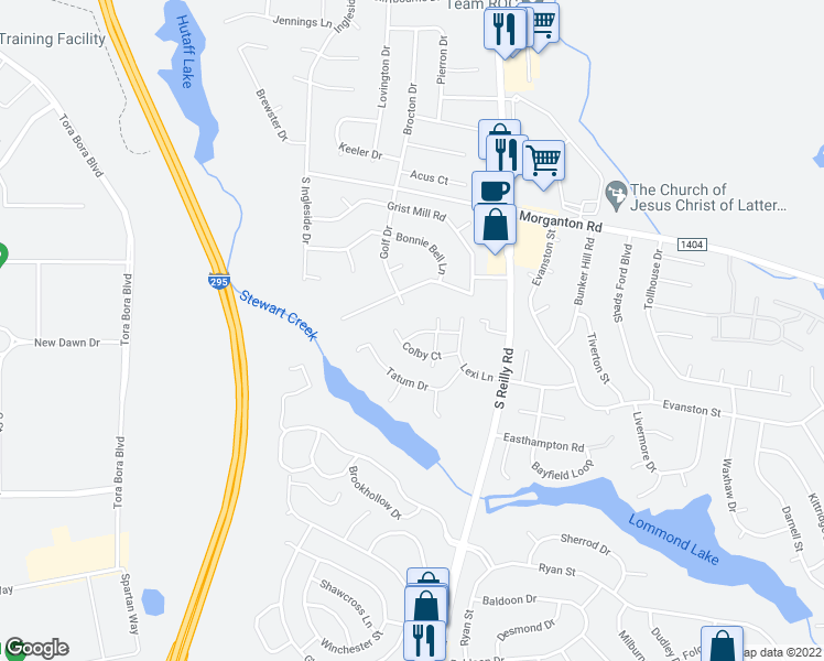 map of restaurants, bars, coffee shops, grocery stores, and more near 4230 Falmont Place in Fayetteville