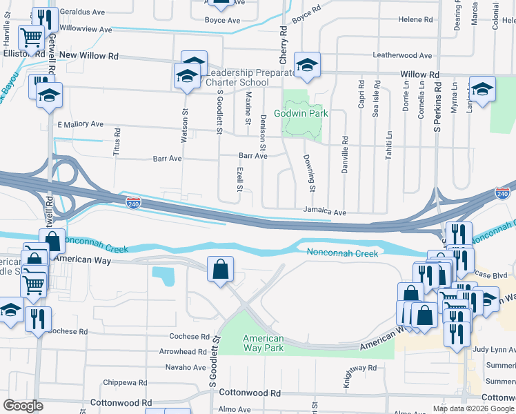 map of restaurants, bars, coffee shops, grocery stores, and more near 1918 Ezell Street in Memphis
