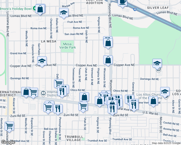 map of restaurants, bars, coffee shops, grocery stores, and more near 321 Vermont Street Northeast in Albuquerque
