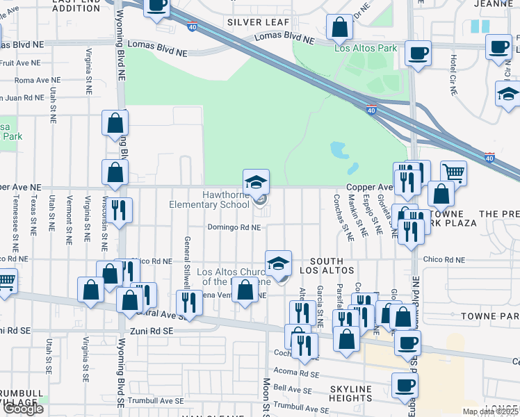map of restaurants, bars, coffee shops, grocery stores, and more near 420 General Somervell Street Northeast in Albuquerque