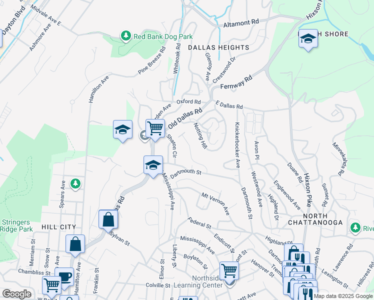 map of restaurants, bars, coffee shops, grocery stores, and more near 1355 Carrington Way in Chattanooga