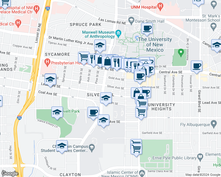 map of restaurants, bars, coffee shops, grocery stores, and more near 1824 Silver Avenue Southeast in Albuquerque