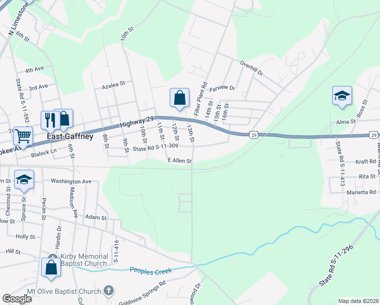 map of restaurants, bars, coffee shops, grocery stores, and more near 511 13th Street in Gaffney