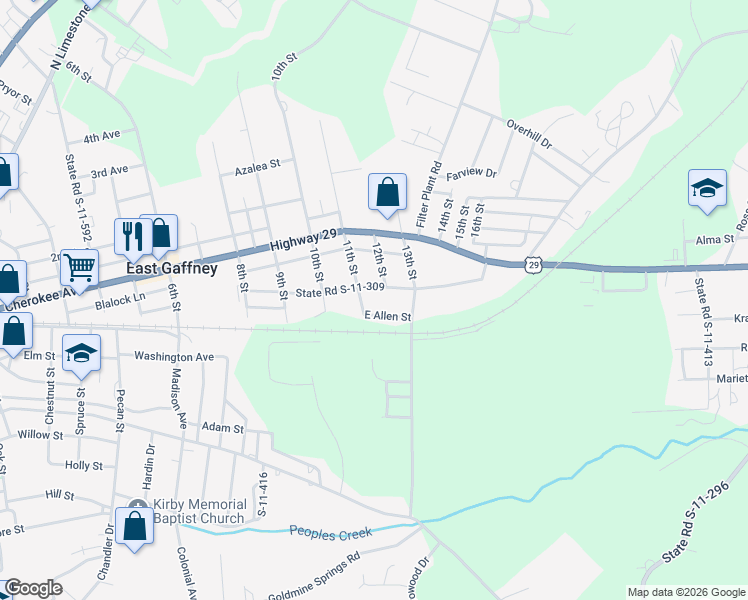 map of restaurants, bars, coffee shops, grocery stores, and more near 414 Grubb Street in Gaffney