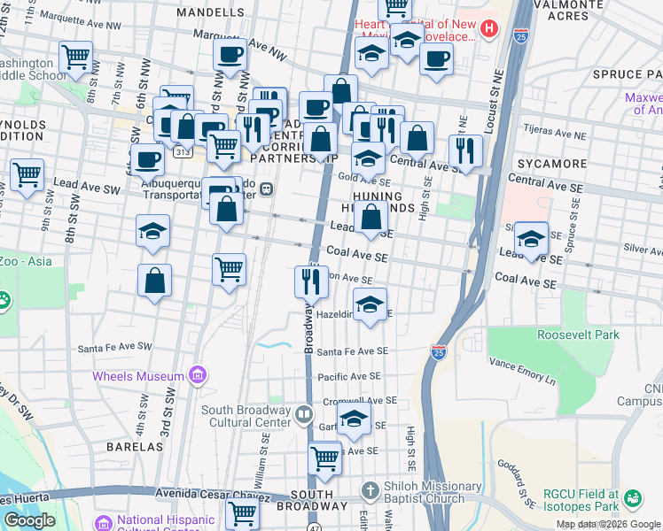 map of restaurants, bars, coffee shops, grocery stores, and more near 516 Arno Street Southeast in Albuquerque