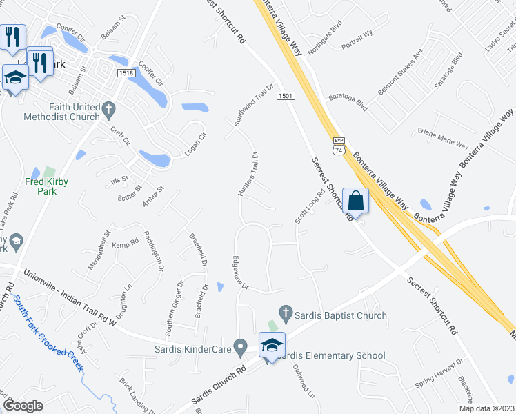 map of restaurants, bars, coffee shops, grocery stores, and more near 4006 Shadow Pines Circle in Indian Trail