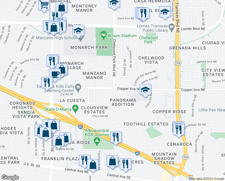 map of restaurants, bars, coffee shops, grocery stores, and more near in Albuquerque