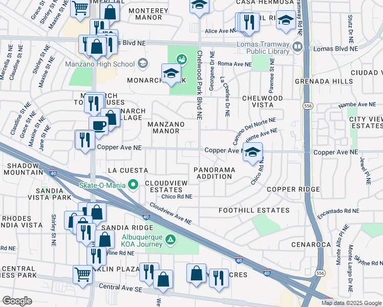 map of restaurants, bars, coffee shops, grocery stores, and more near 12604 Copper Avenue Northeast in Albuquerque