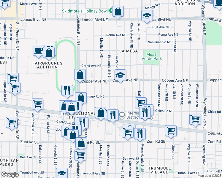 map of restaurants, bars, coffee shops, grocery stores, and more near 323 Espanola Street Northeast in Albuquerque