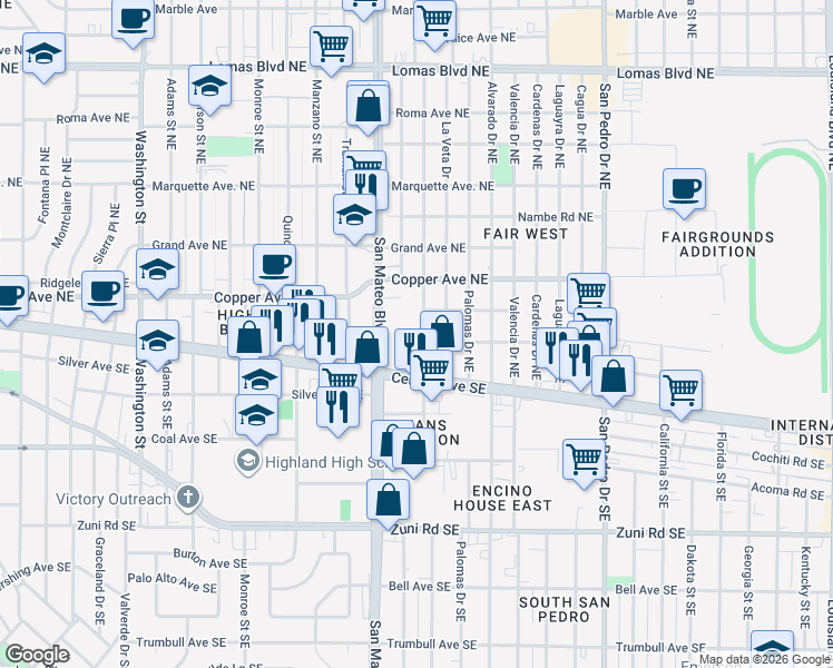 map of restaurants, bars, coffee shops, grocery stores, and more near 201 La Veta Drive in Albuquerque