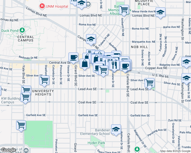 map of restaurants, bars, coffee shops, grocery stores, and more near 202 Bryn Mawr Drive Southeast in Albuquerque