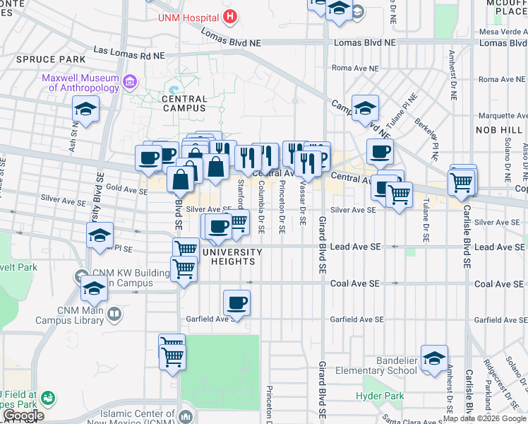 map of restaurants, bars, coffee shops, grocery stores, and more near in Albuquerque