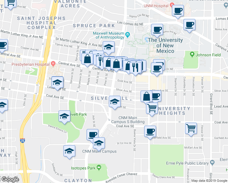 map of restaurants, bars, coffee shops, grocery stores, and more near in Albuquerque
