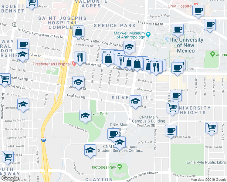 map of restaurants, bars, coffee shops, grocery stores, and more near 1505 Lead Avenue Southeast in Albuquerque