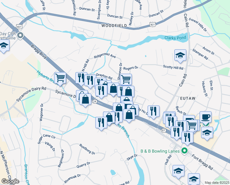 map of restaurants, bars, coffee shops, grocery stores, and more near 824 Shannon Drive in Fayetteville