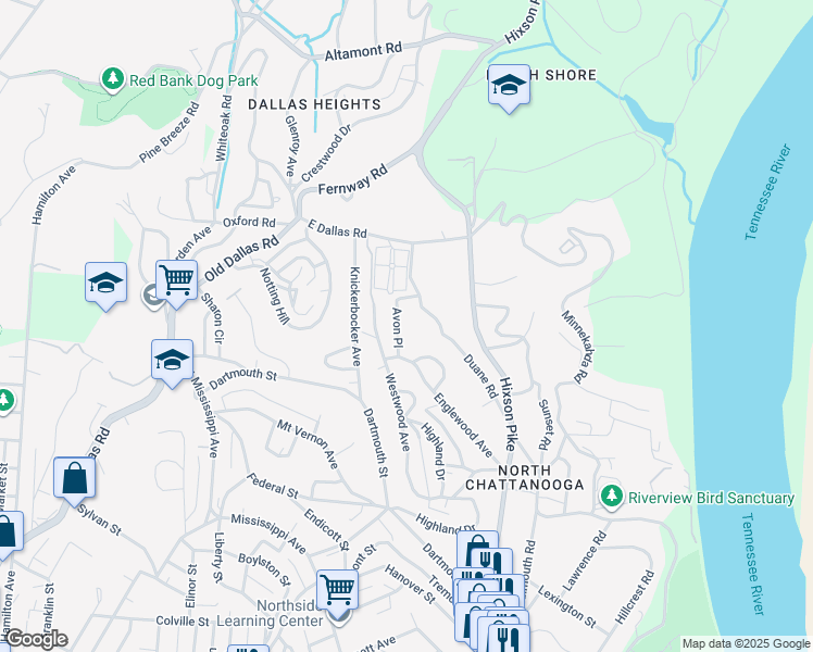 map of restaurants, bars, coffee shops, grocery stores, and more near 908 Avon Place in Chattanooga