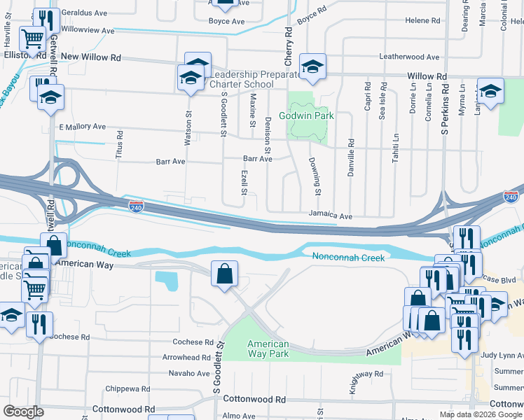 map of restaurants, bars, coffee shops, grocery stores, and more near 1918 Ezell Street in Memphis