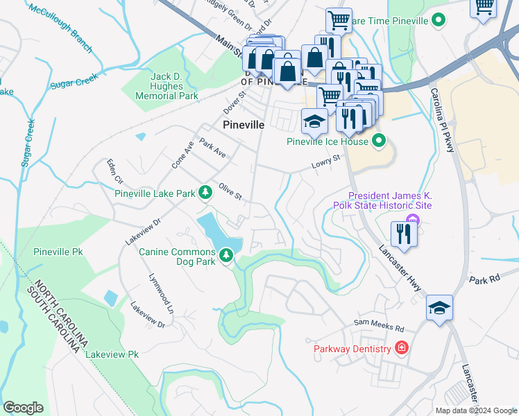 map of restaurants, bars, coffee shops, grocery stores, and more near 222 Pineville Forest Drive in Pineville