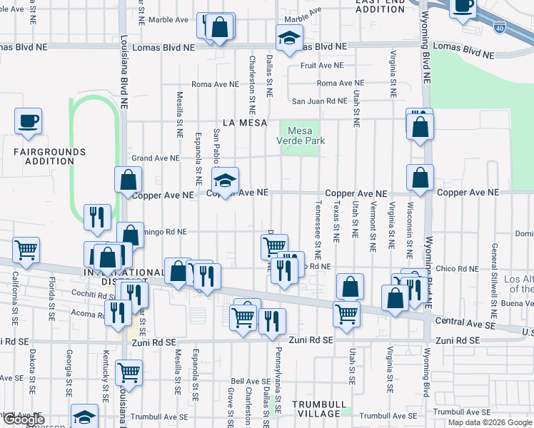 map of restaurants, bars, coffee shops, grocery stores, and more near 321 Dallas Street Northeast in Albuquerque