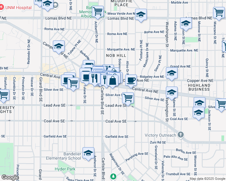 map of restaurants, bars, coffee shops, grocery stores, and more near 112 Hermosa Drive Southeast in Albuquerque