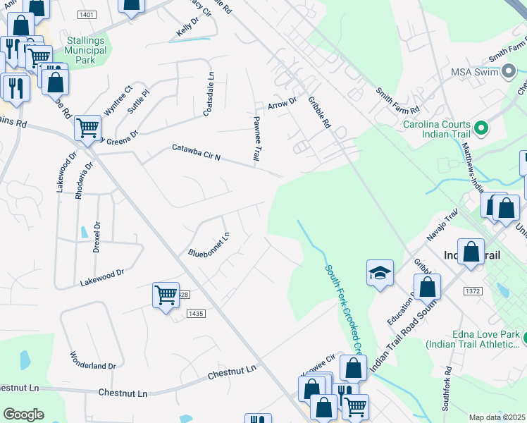 map of restaurants, bars, coffee shops, grocery stores, and more near 6017 Zinnia Drive in Matthews