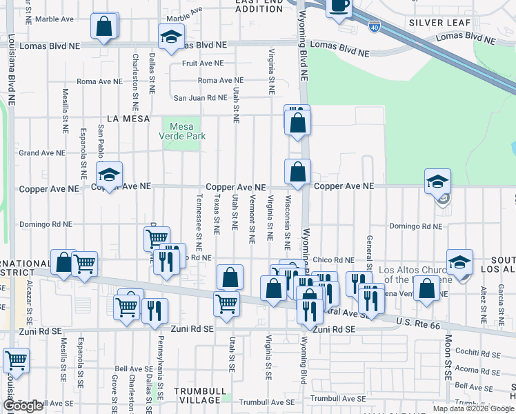 map of restaurants, bars, coffee shops, grocery stores, and more near 321 Vermont Street Northeast in Albuquerque