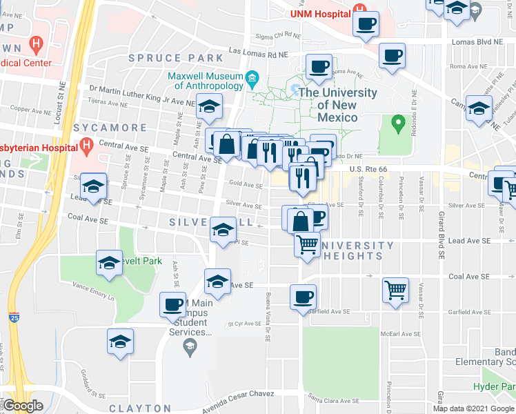 map of restaurants, bars, coffee shops, grocery stores, and more near 300 Terrace Street Southeast in Albuquerque